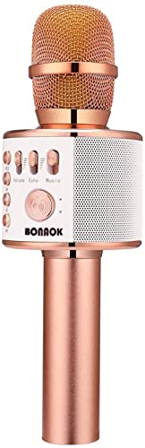 Detalle de BONAOK Wireless Bluetooth Karaoke Microphone (Q37 Rose Gold) – 3-in-1 Portable Mic, Speaker, and Recorder