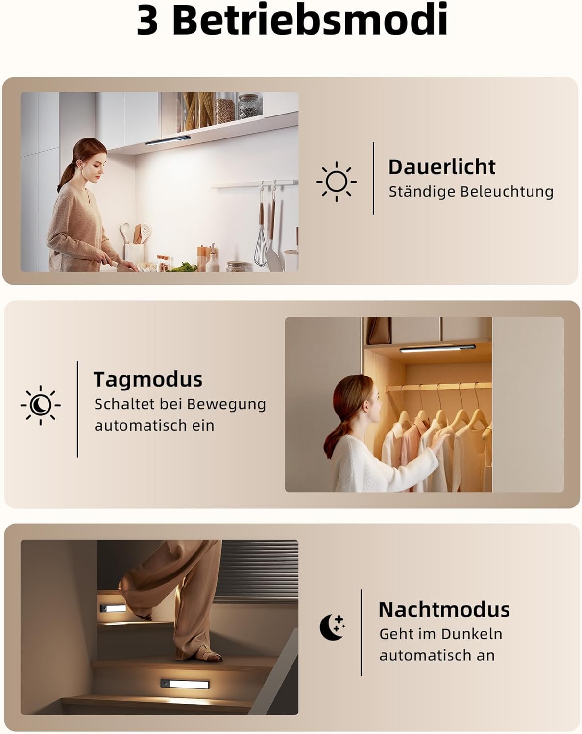 Thumbnail 2 de EZVALO Schrankbeleuchtung LED 25 cm (2 Stück) mit Bewegungsmelder, Akku und 3 Farbmodi