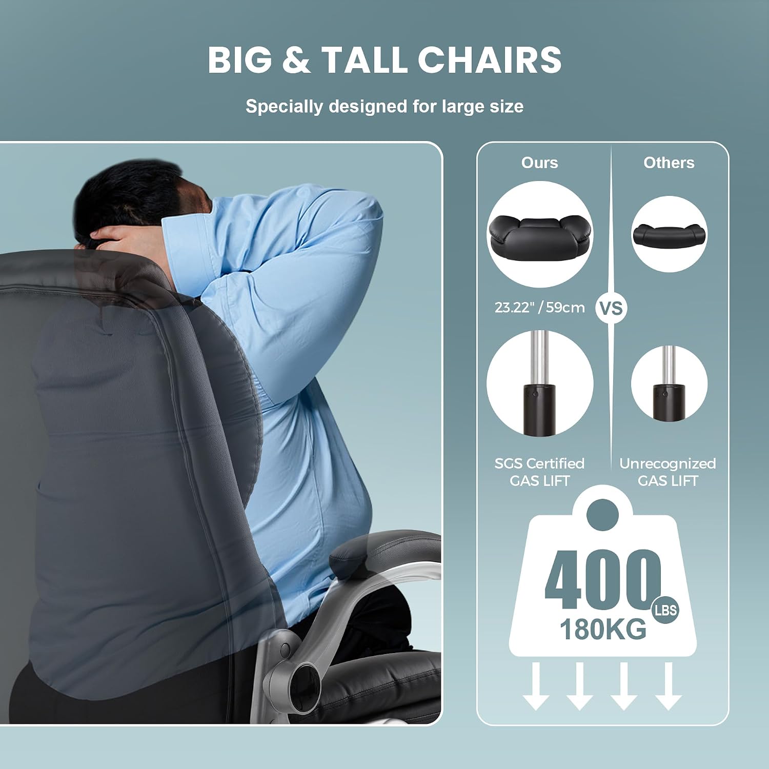 Detalle 2 de IWMH Großer und hoher Bürostuhl 180KG – Ergonomischer Chefsessel mit klappbaren Armlehnen, höhenverstellbar und 360° Rollen
