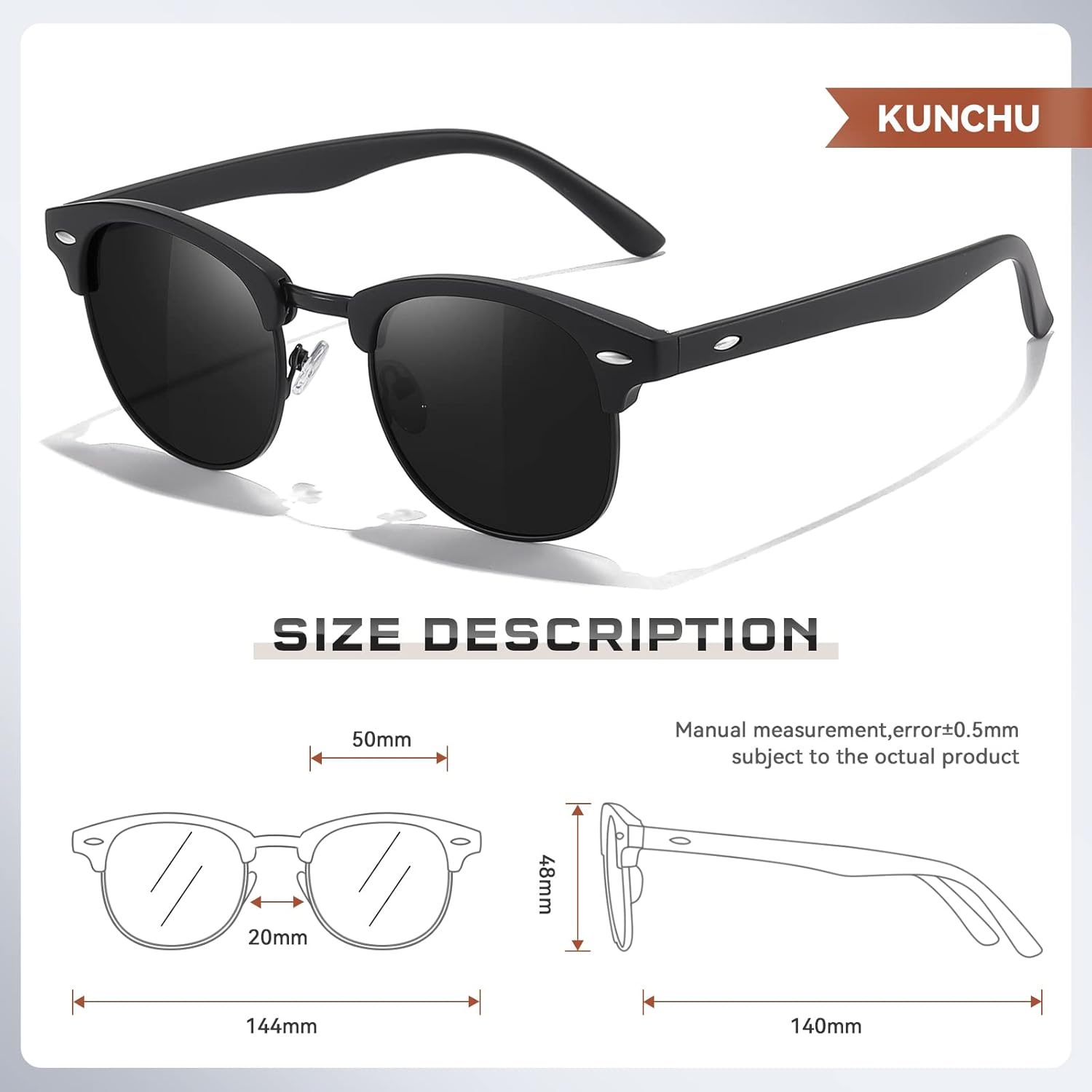 Thumbnail 4 de Kunchu Polarised Half-Frame Sunglasses (UV400) – Ultra-light Retro Rectangular Shades