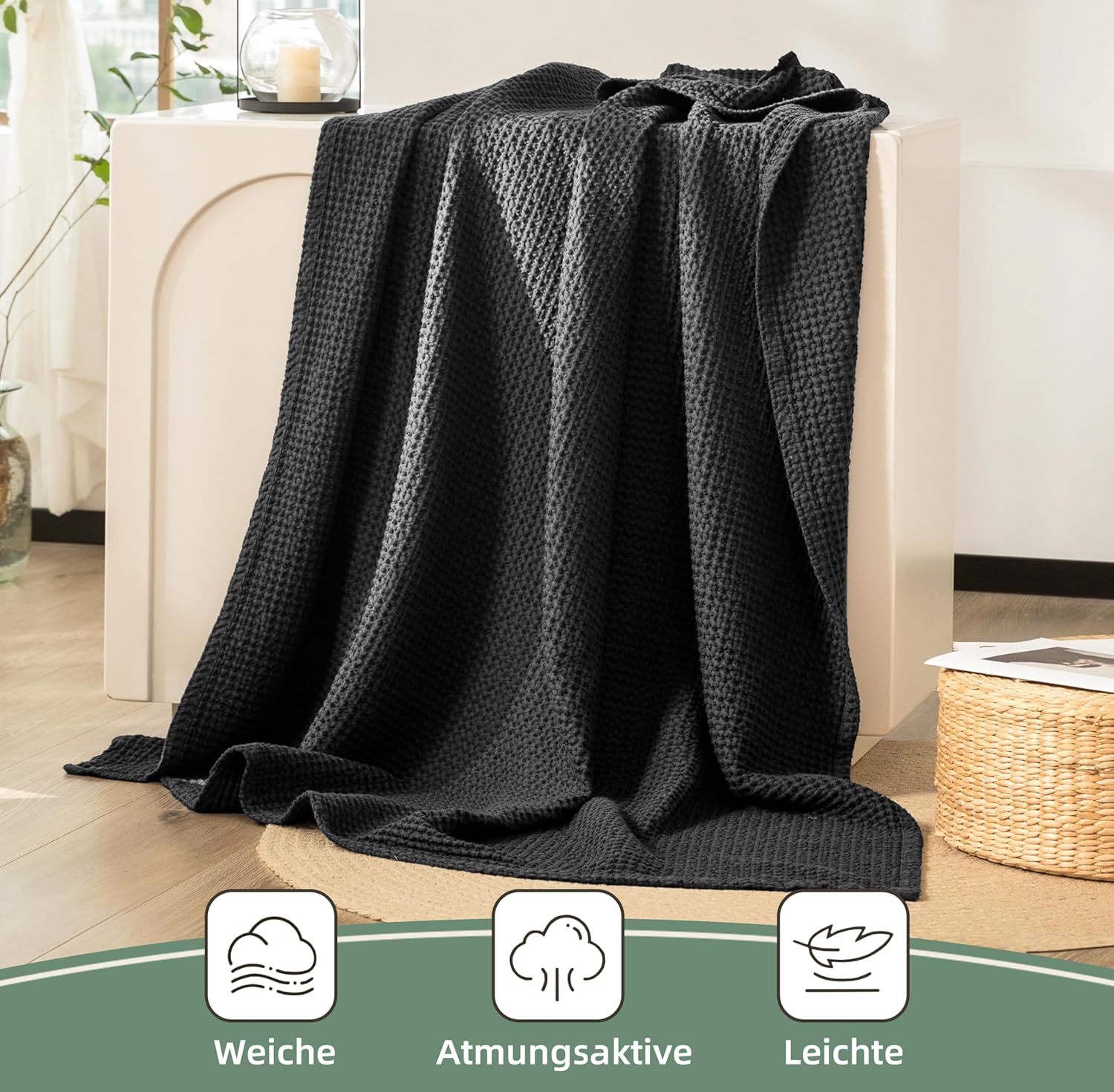 Thumbnail 2 de CHUFFED Decke 100% Baumwolle 150 x 200 cm – weiche, atmungsaktive Kuscheldecke mit Waffelmuster (Anthrazit)