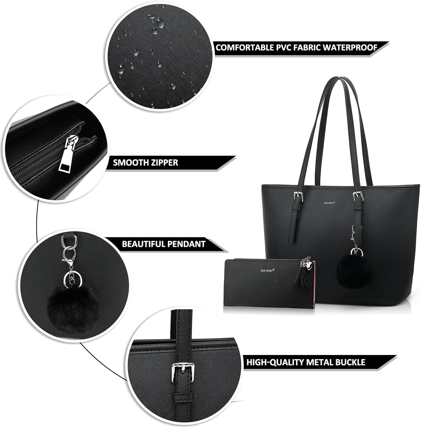 Detalle 2 de TANTOMI Damen Handtasche Set mit Geldbörse – Große Einkaufstasche mit Quasten und Pelz‑Keychain