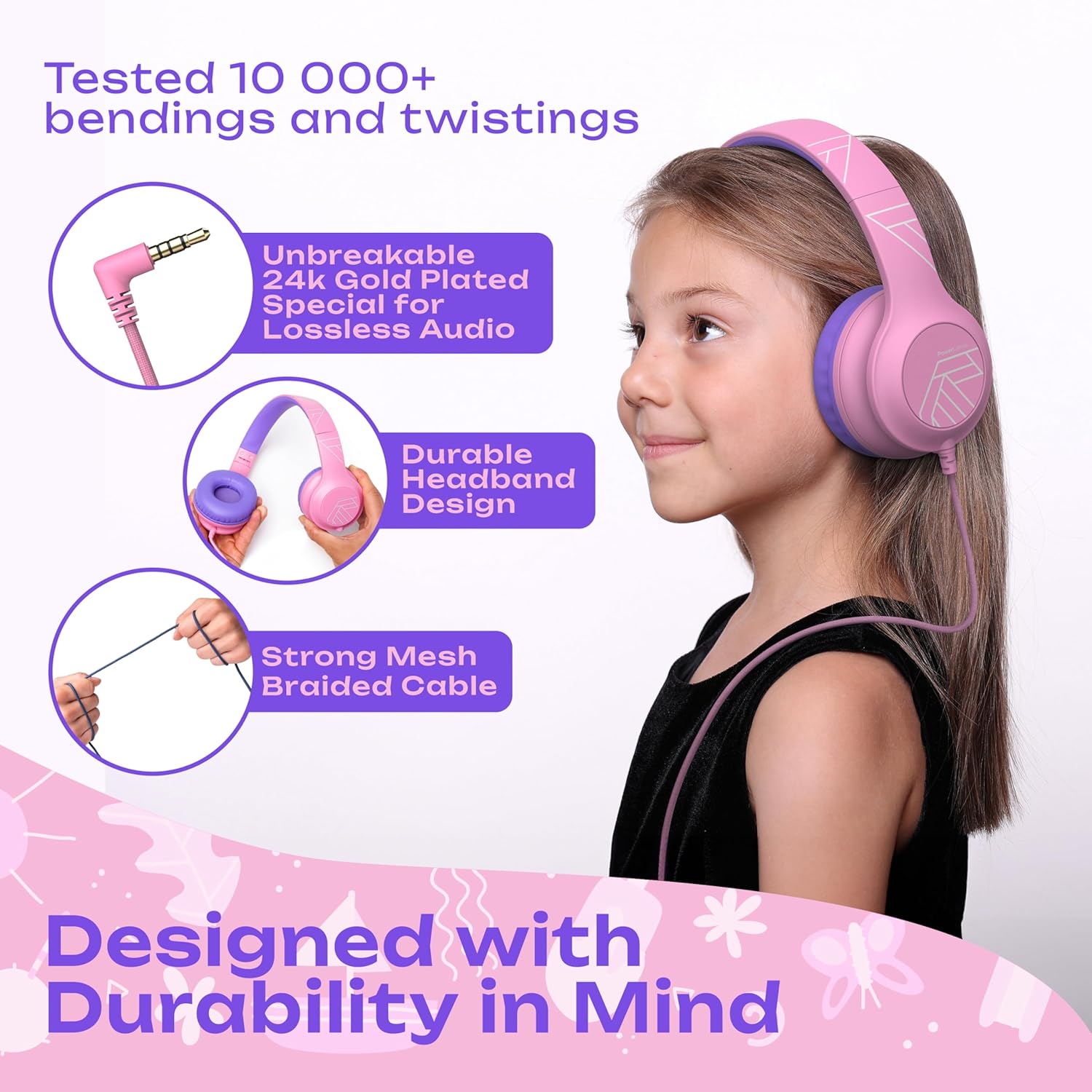 Thumbnail 1 de PowerLocus Kids Headphones with Microphone – 85/94dB Safe Volume, Foldable Over-Ear 3.5mm, Shared Audio for School and Travel (Pink)