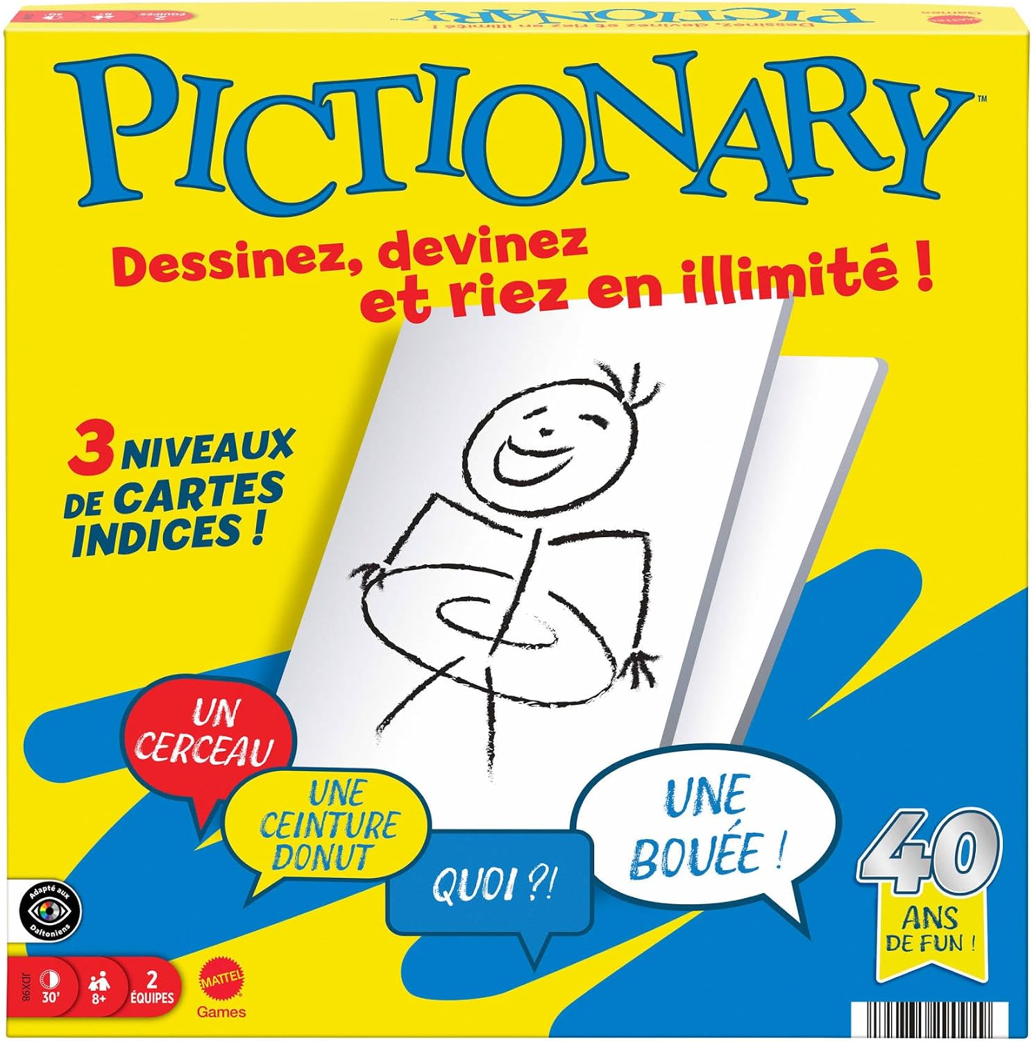 Detalle de Mattel Games Pictionary – Jeu de société familial Multiniveau, 2 équipes, feutres et ardoises inclus