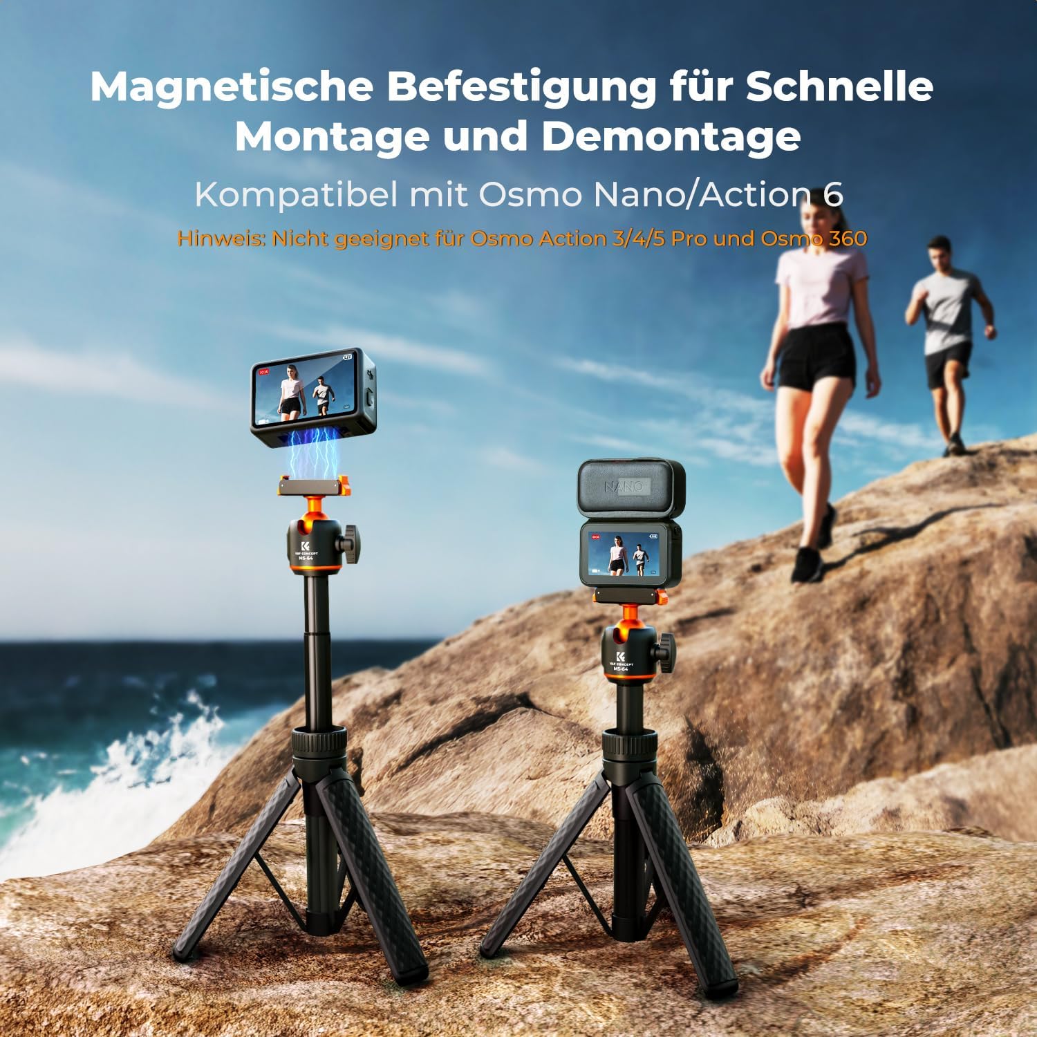 Detalle de K&F CONCEPT 65 cm Selfie-Stick Stativ für DJI Osmo Nano/Osmo Action 6 – 2-in-1, magnetischer Schnellverschluss, 360° Kugelkopf