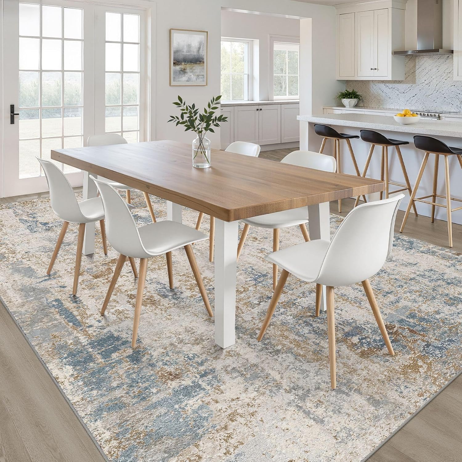 Thumbnail 4 de 7x9 Area Rug Living Room: Washable Large Neutral Rug in Blue/Brown