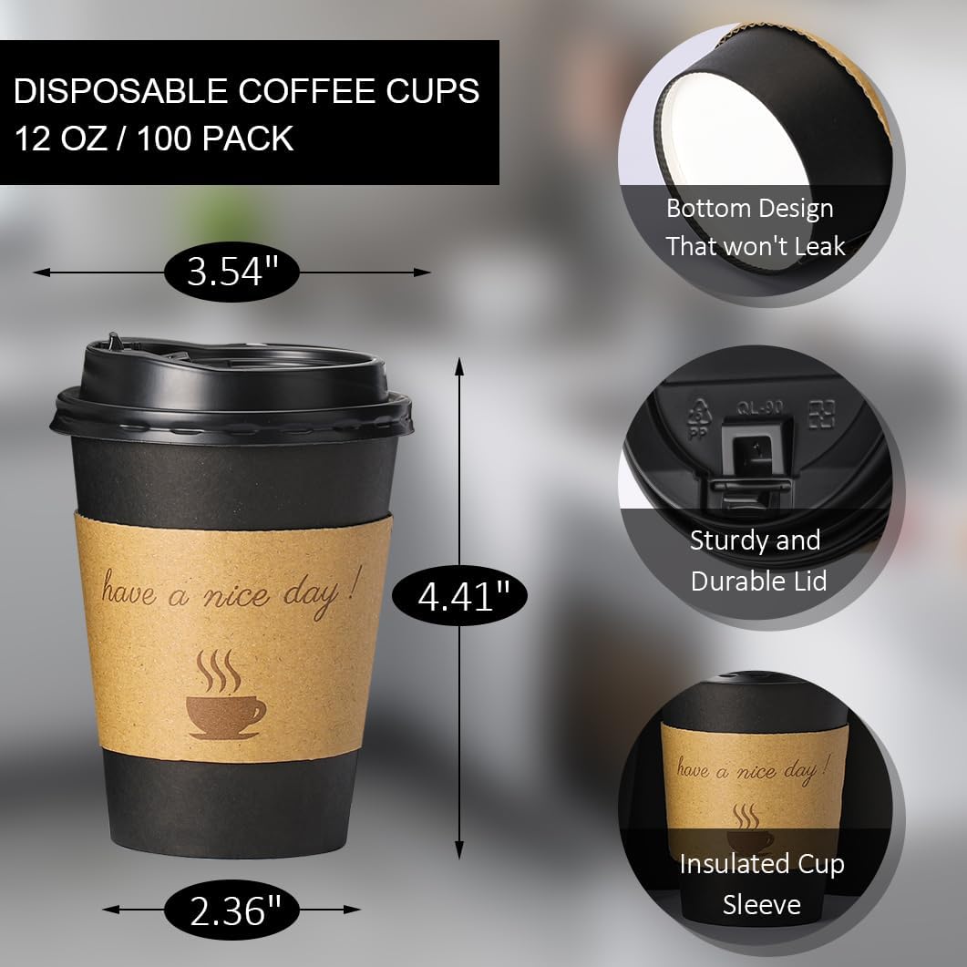 Detalle 2 de BYSNOW 100-Pack Insulated 12-Ounce Paper Coffee Cups with Lids, Sleeves & Straws