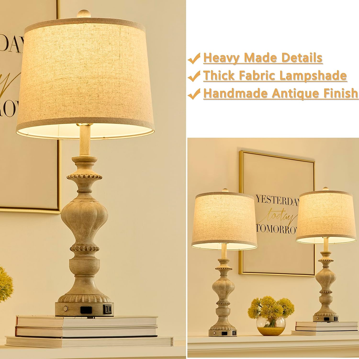 Detalle 2 de SAIWEYA 27.5" Farmhouse Table Lamp with USB & Outlet 🛋