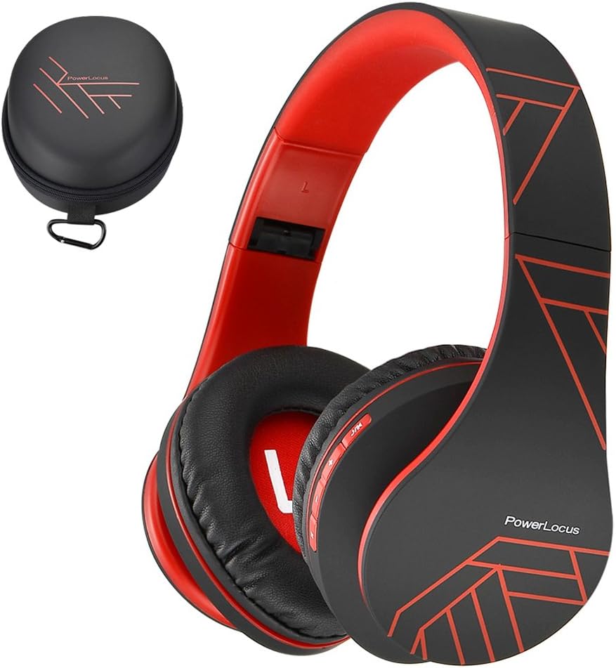 Detalle de PowerLocus Bluetooth Over-Ear Headphones (Black/Red) with Mic, Foldable Design & MicroSD/TF