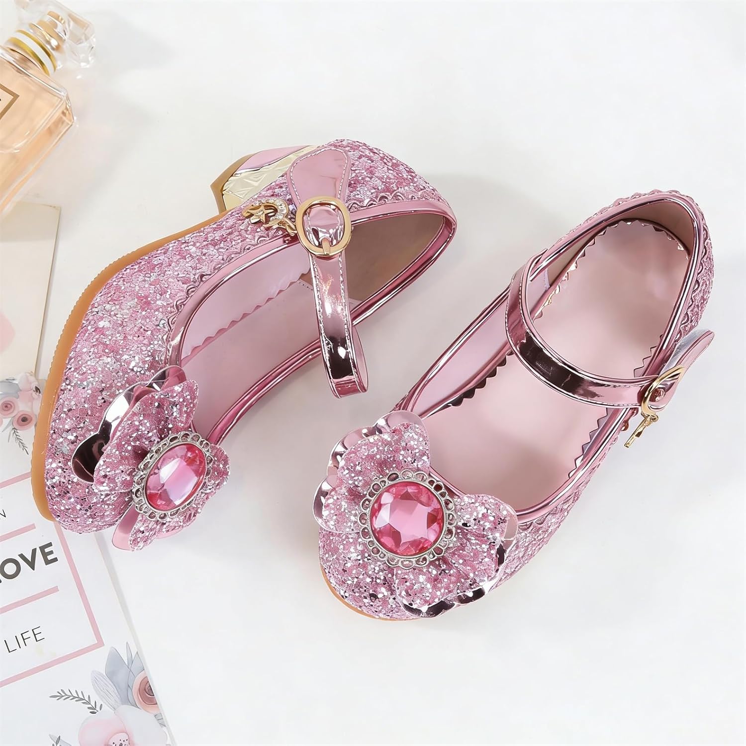 Detalle 1 de FStory&Winyee Mädchen Prinzessin Sandalen mit Absatz – Elsa-inspiriert, Glitzer & Kristalle, Rosa, Größe 36 EU