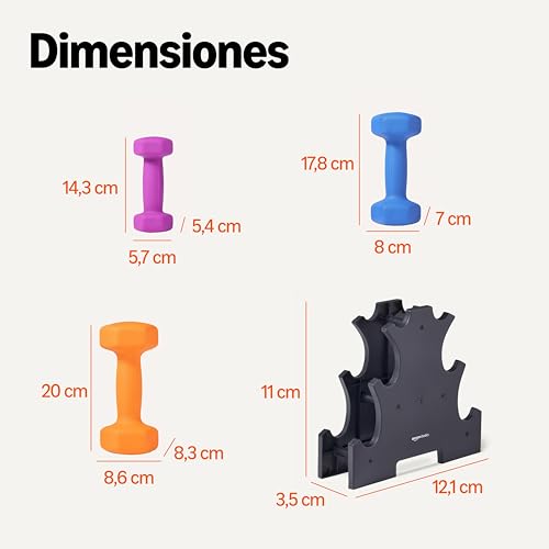 Detalle de Amazon Basics: juego de mancuernas de neopreno con soporte (1, 2 y 3 kg)