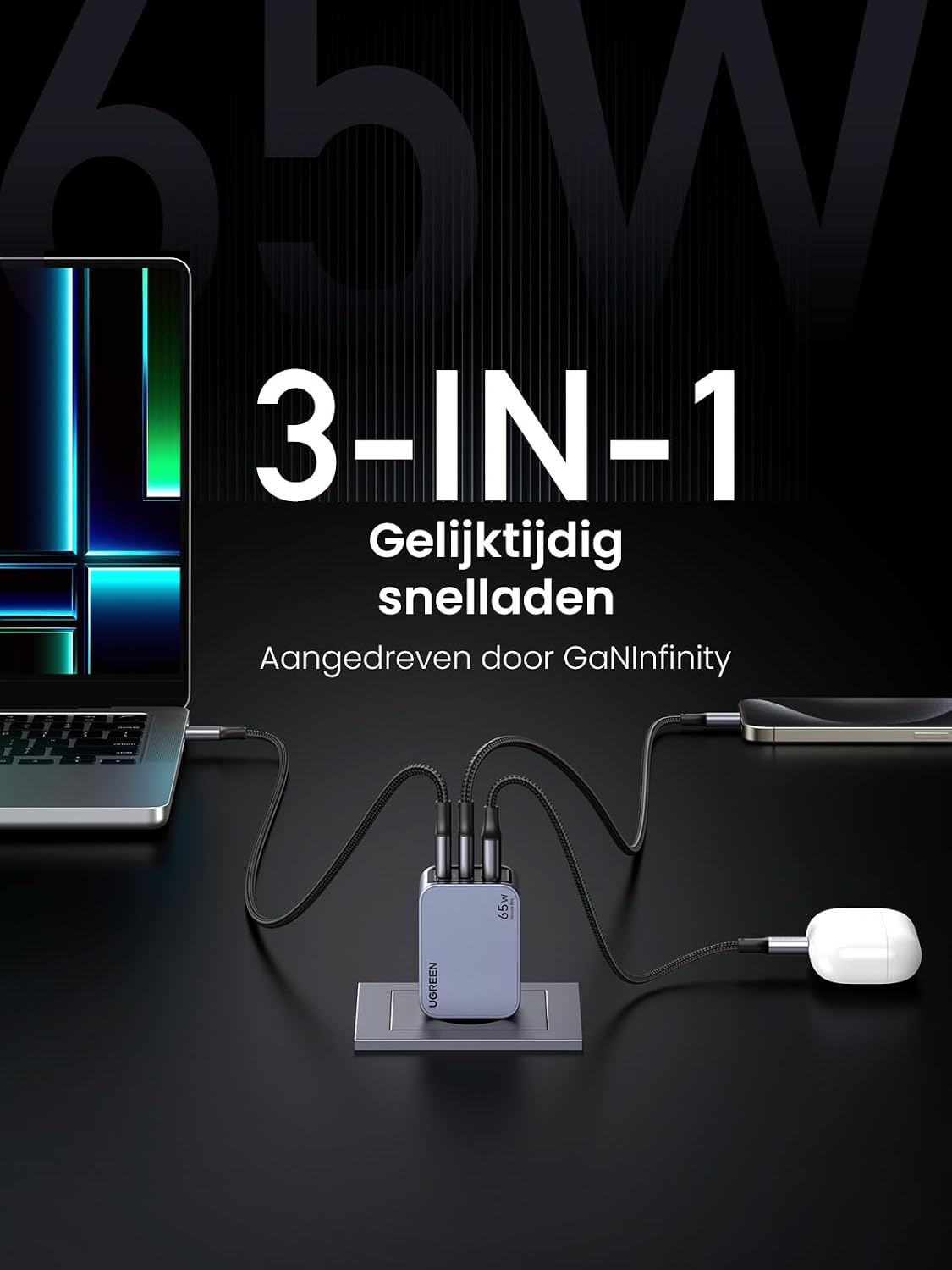 Thumbnail 3 de UGREEN Nexode Pro 65W USB-C-oplader met 3 poorten, GaN en PPS