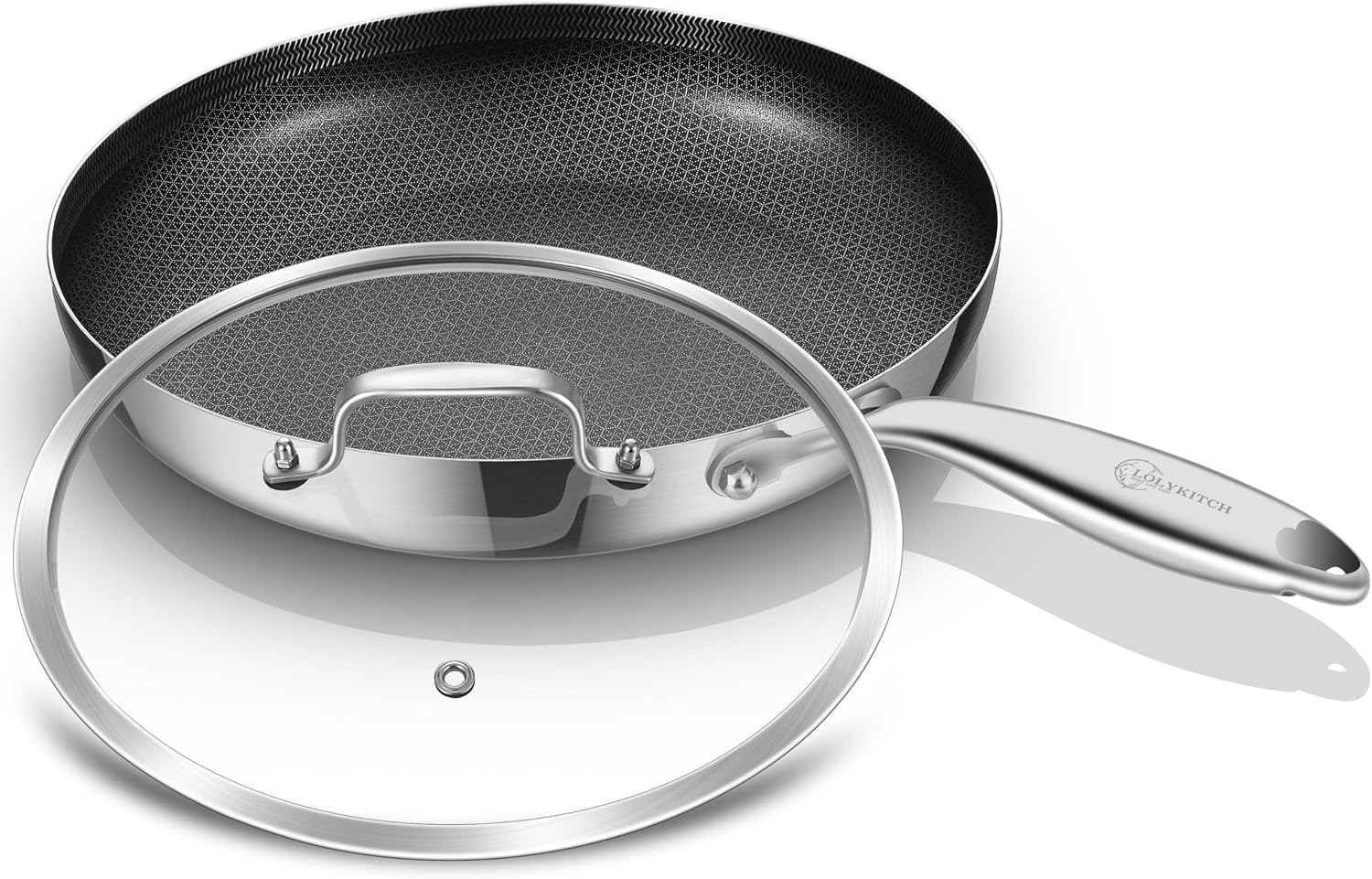 Detalle de LOLYKITCH 8.5-Inch Hybrid Non-Stick Frying Pan with Glass Lid, Tri-Ply Steel