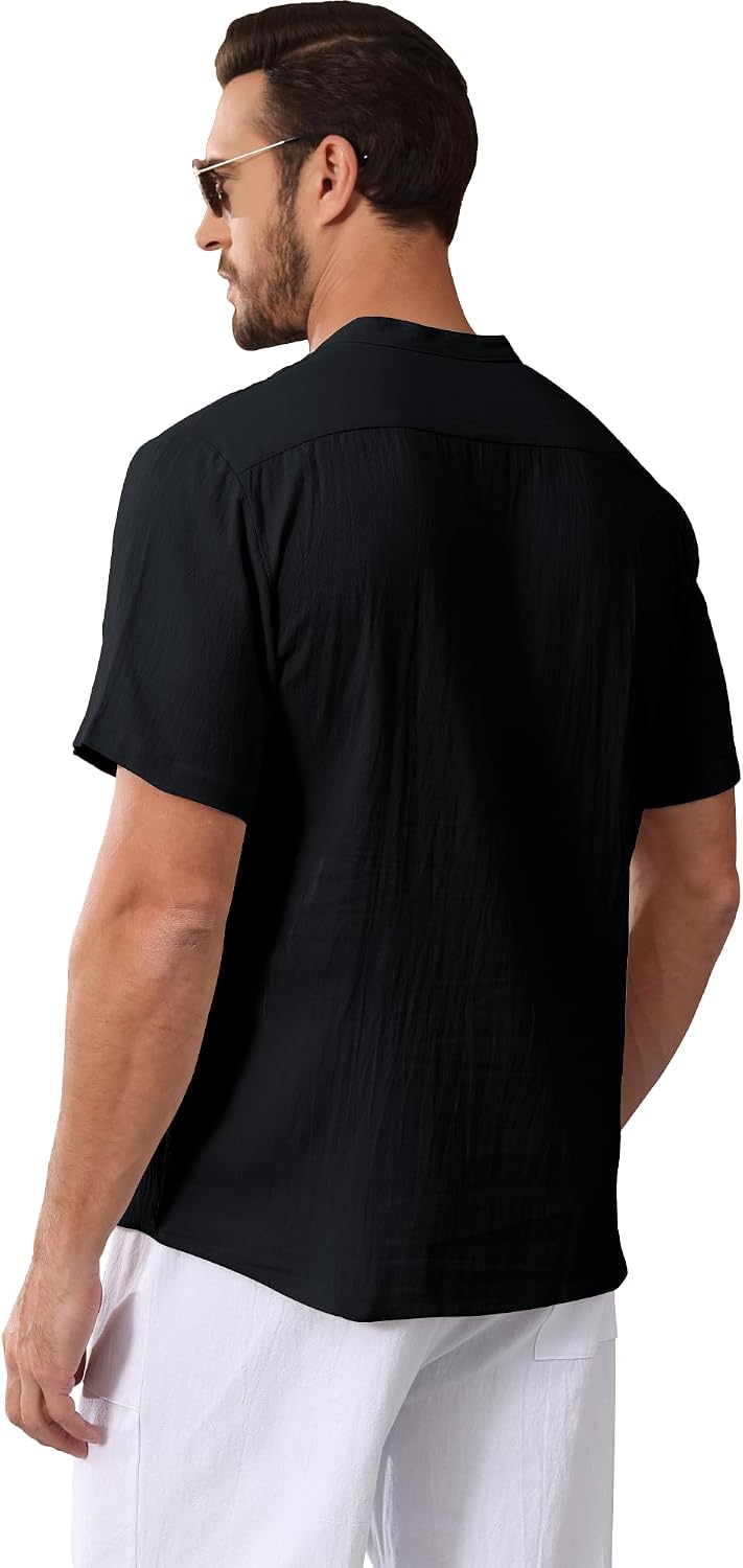 Detalle de YAOBAOLE Chemise Lin Homme Manches Courtes – Henley estival en coton-lin