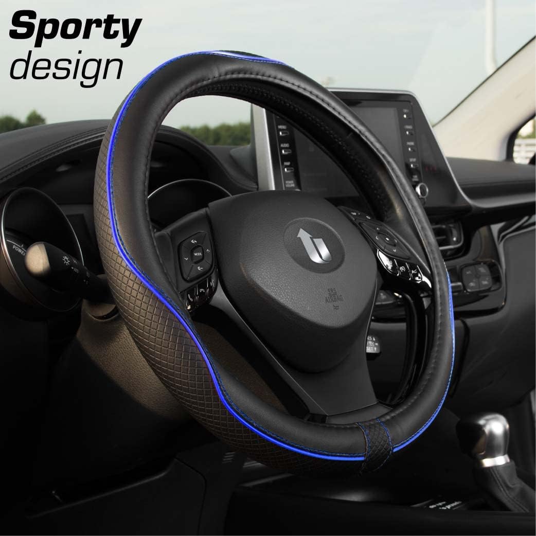 Detalle 2 de Upgrade4cars Blue & Black Leather Look Steering Wheel Cover – Universal 14.5–15 inch Fit