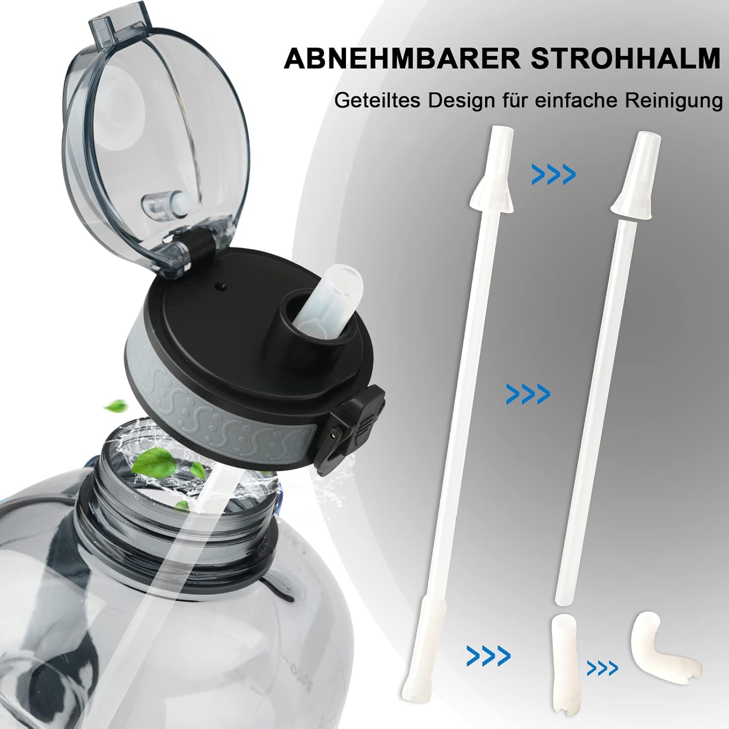 Thumbnail 1 de GEMFUL 3L Sport-Trinkflasche mit Zeitmarkierung, Strohhalm & Tragegriff (BPA-frei) – grau