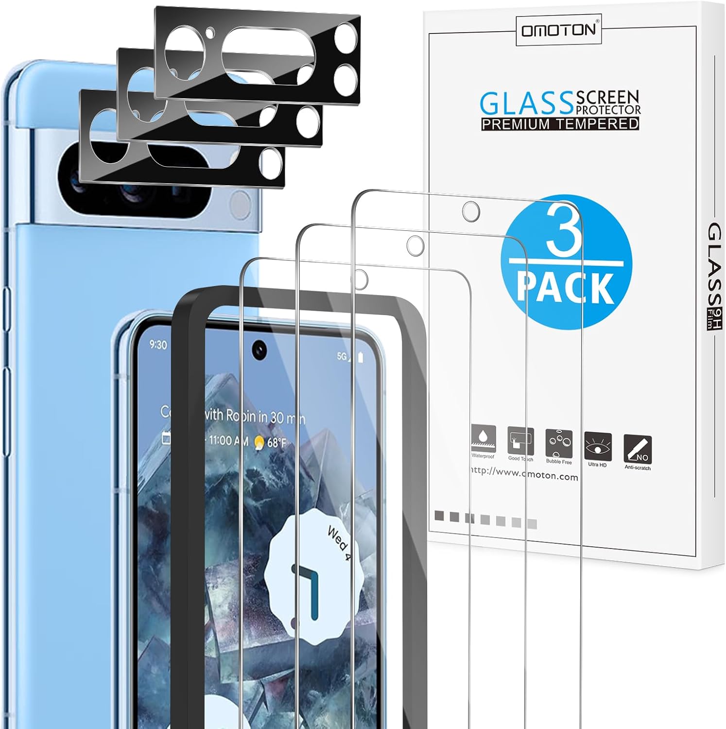 Detalle de OMOTON 3+3 Pack for Pixel 8 Pro Screen Protector, 9H Tempered Glass
