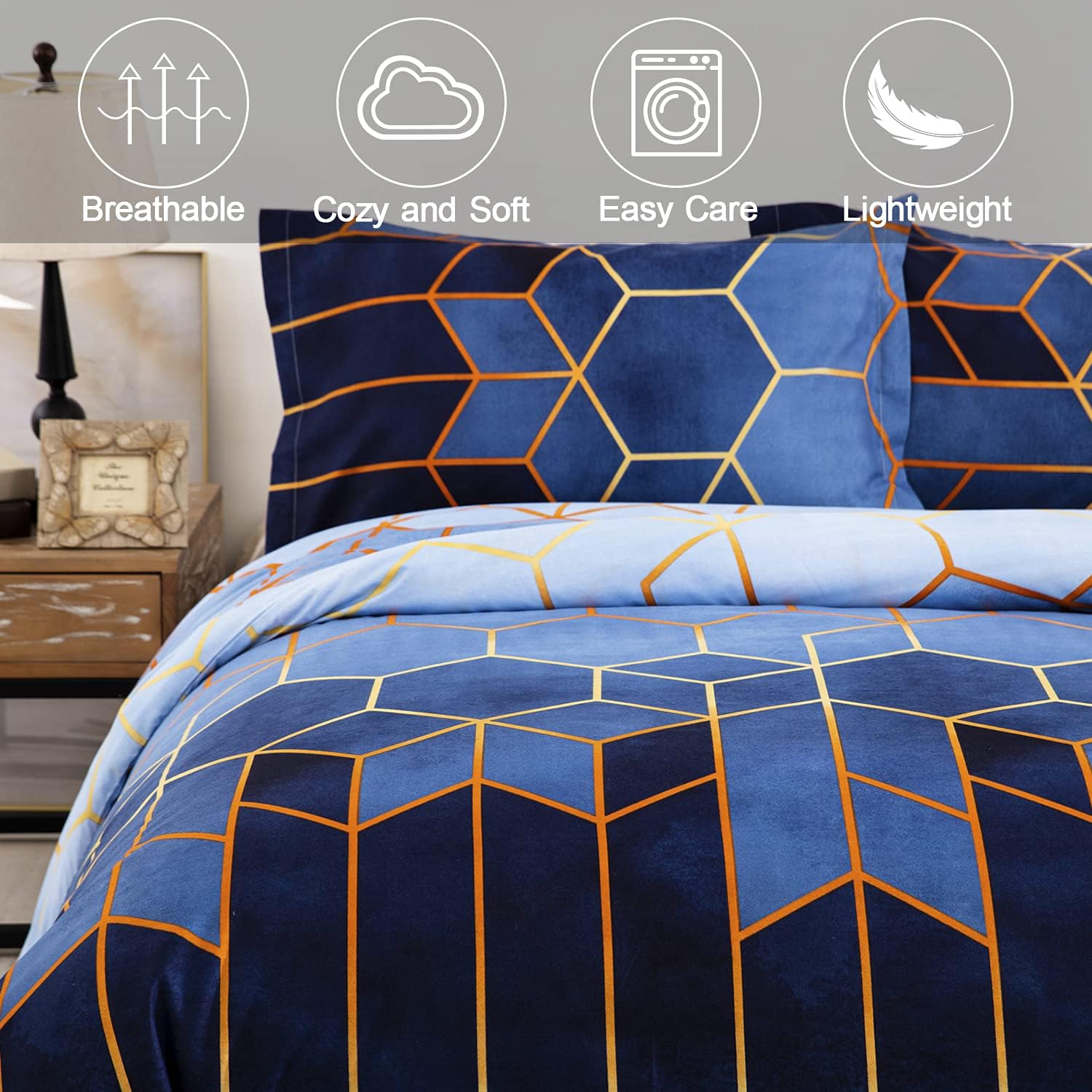 Detalle de DJY King Size Reversible Duvet Cover Set (220x230cm) – Blue Geometric Diamond & Golden Stripes