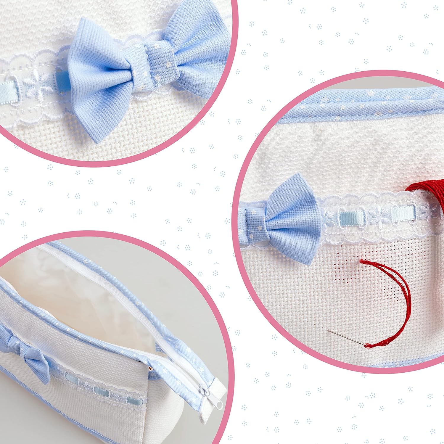 Thumbnail 5 de Filet - Trousse da viaggio in cotone con interno impermeabile e ricamabile all'esterno (24x16x6 cm) in azzurro e bianco