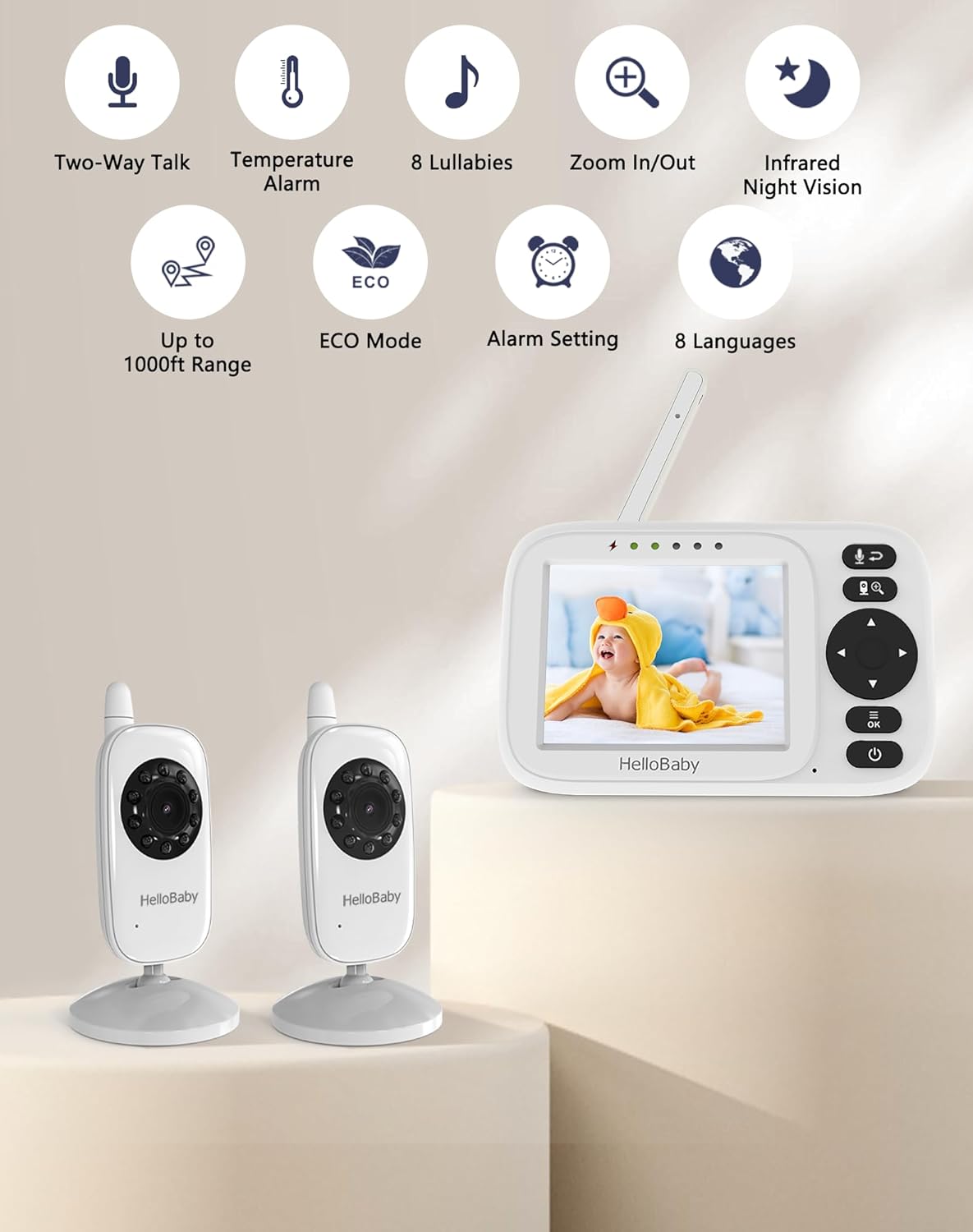 Thumbnail 1 de HelloBaby Babyphone mit 2 Kameras – 3,2 Zoll, Nachtsicht und ECO-Modus