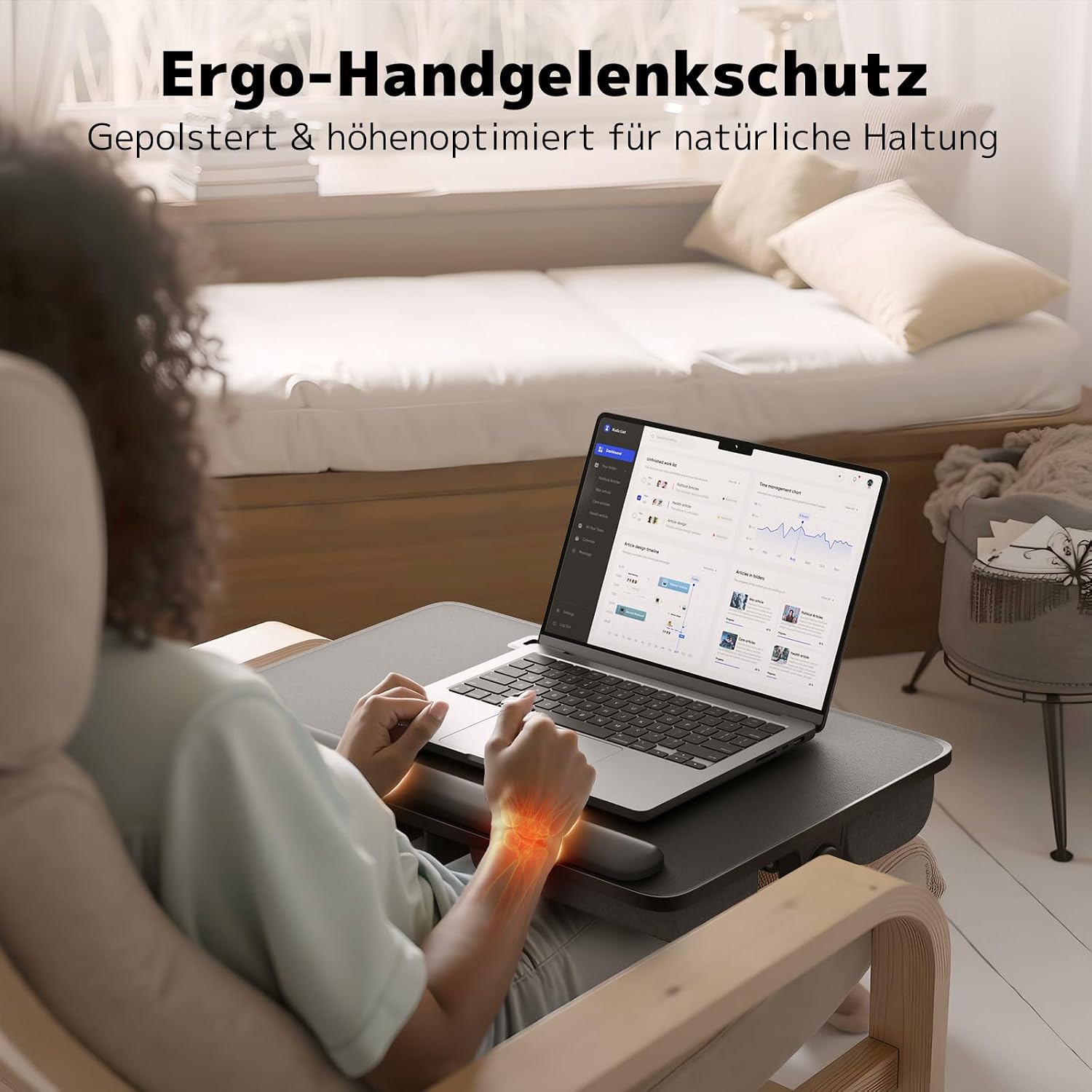 Detalle de PUTORSEN Laptoptisch fürs Bett – höhen- & winkelverstellbar, klappbar (58 x 37 cm, schwarz)