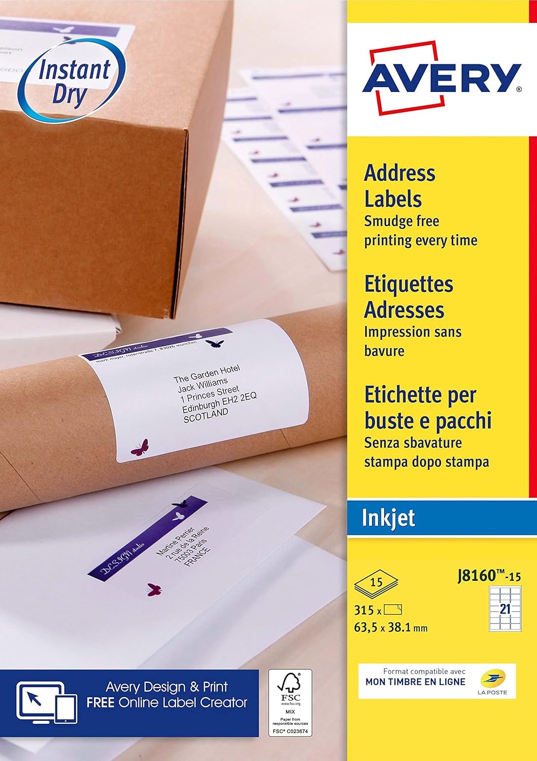 Thumbnail 1 de Étiquettes autocollantes blanches Avery J8160-15, 315 pièces – format 63,5 x 38,1 mm, feuille A4