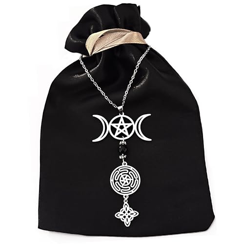 Detalle de Simboliks Collar Triple Luna con Pentagrama y Ónix Natural – Amuleto de Protección Wicca en Acero Inoxidable