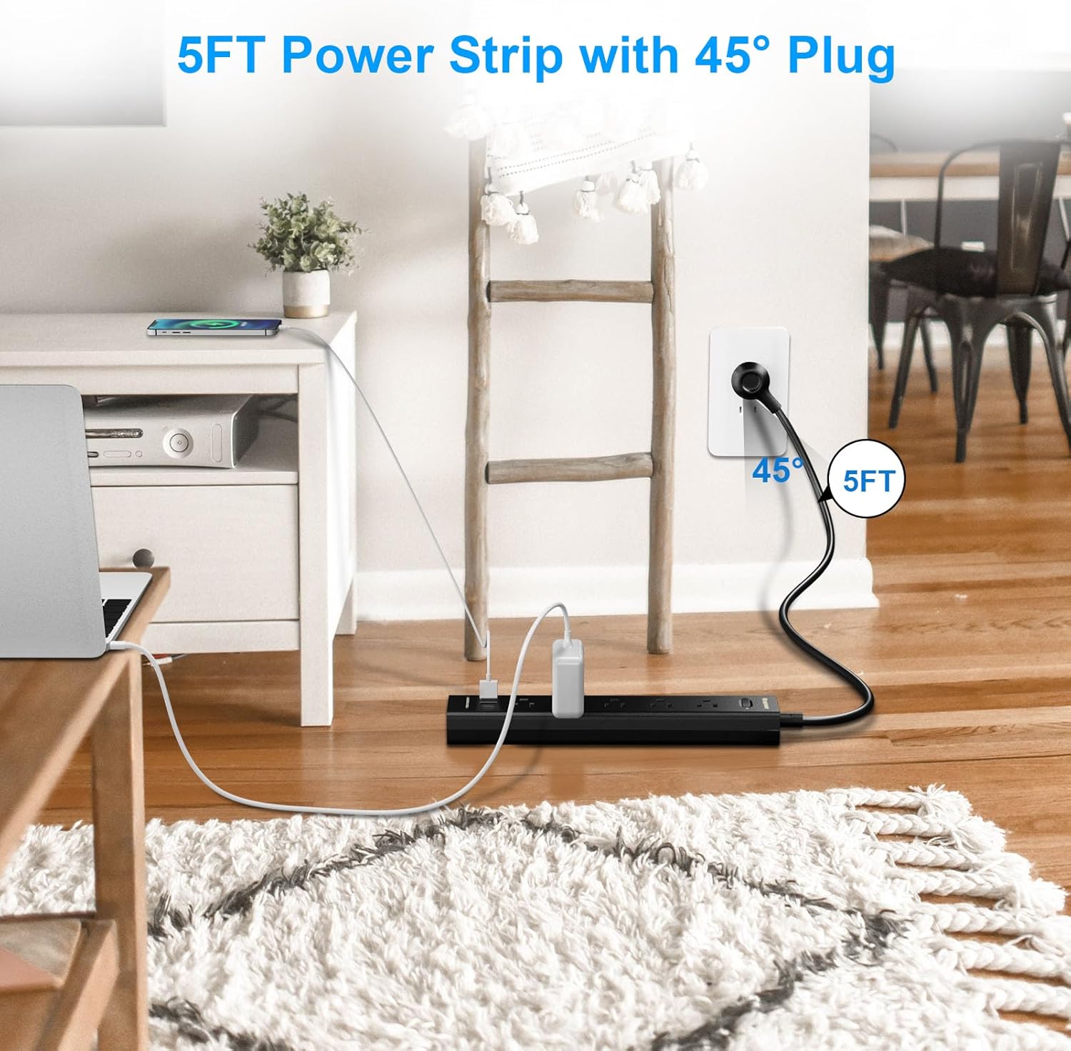 Detalle de 2 Pack Power Strip Surge Protector with 5 Widely Spaced Outlets, 3 USB Ports, 1250W/10A, 5ft Cord, Wall Mount (Black)