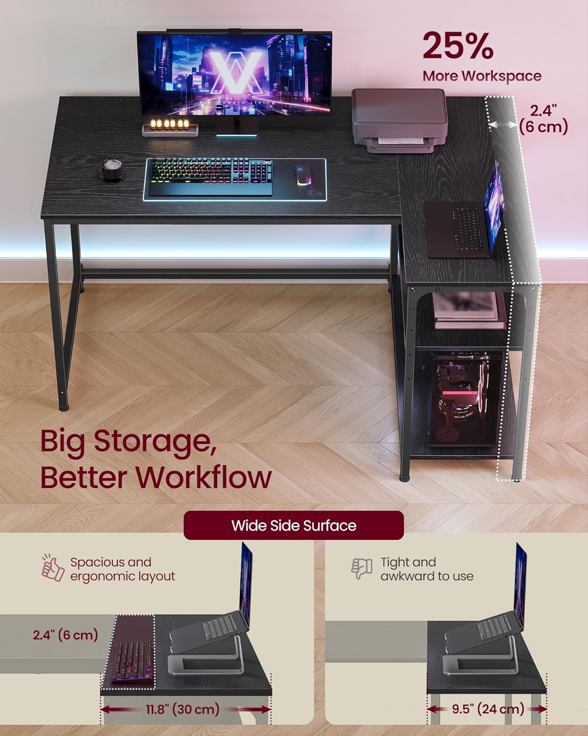 Thumbnail 3 de VASAGLE L Shaped Corner Desk 120x80 cm