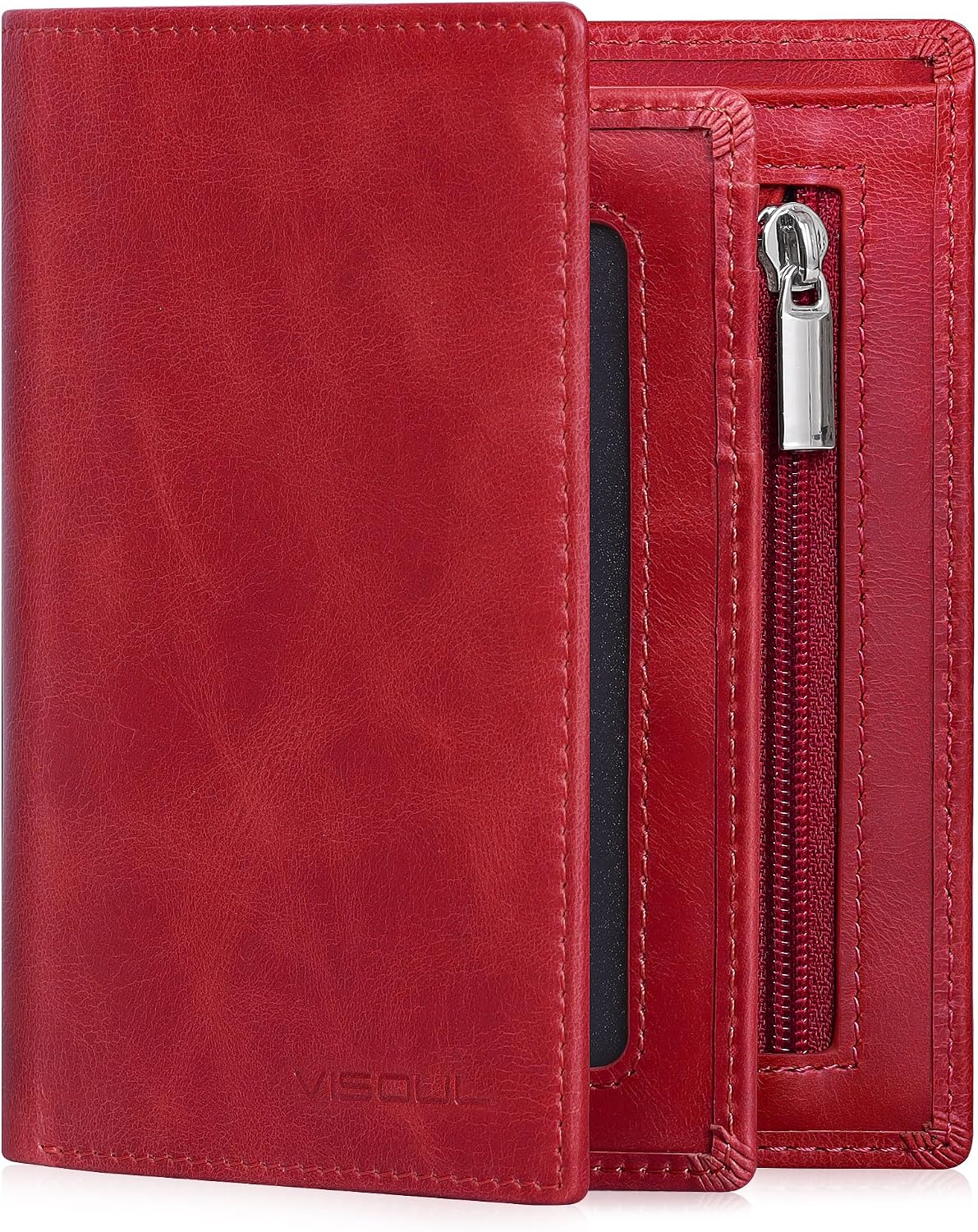 Detalle de VISOUL Portafoglio Verticale in Vera Pelle RFID Rosso