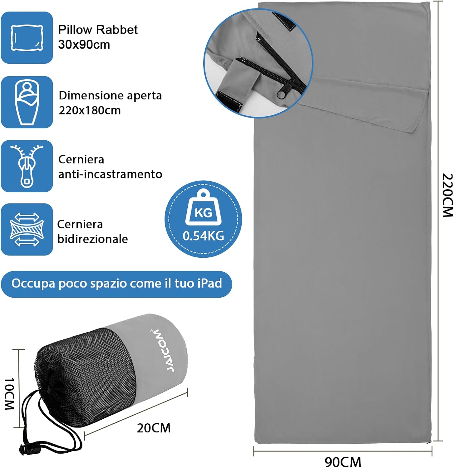 Thumbnail 1 de JAICOM Sleeping Bag Liner (Ultralight Travel Sheet) 220 x 90 cm with back pillow pocket