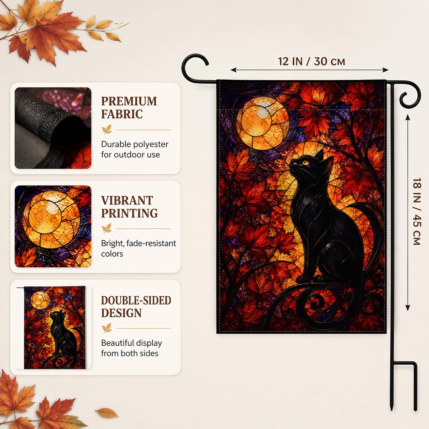 Detalle de OHOME Stained Glass Black Cat Moon Garden Flag, Double-Sided Polyester
