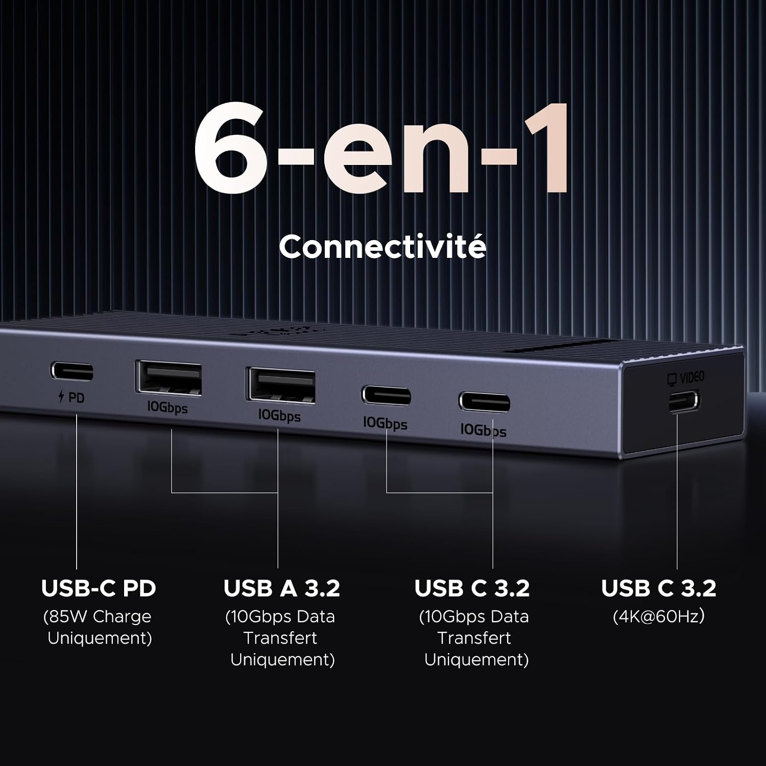 Detalle 2 de UGREEN Revodok Pro Hub USB‑C 6‑en‑1 100W PD pour MacBook