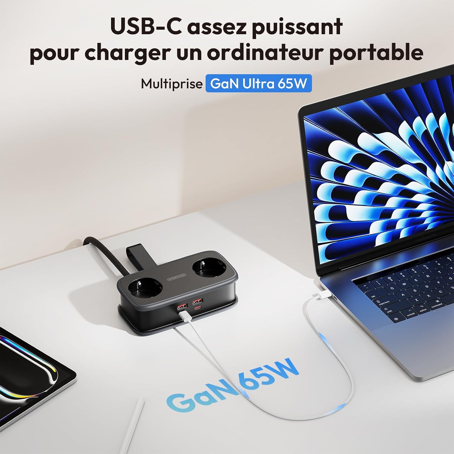 Thumbnail 1 de NTONPOWER Multiprise USB‑C GaN 65W avec 2 USB et câble 1,5 m 🔌