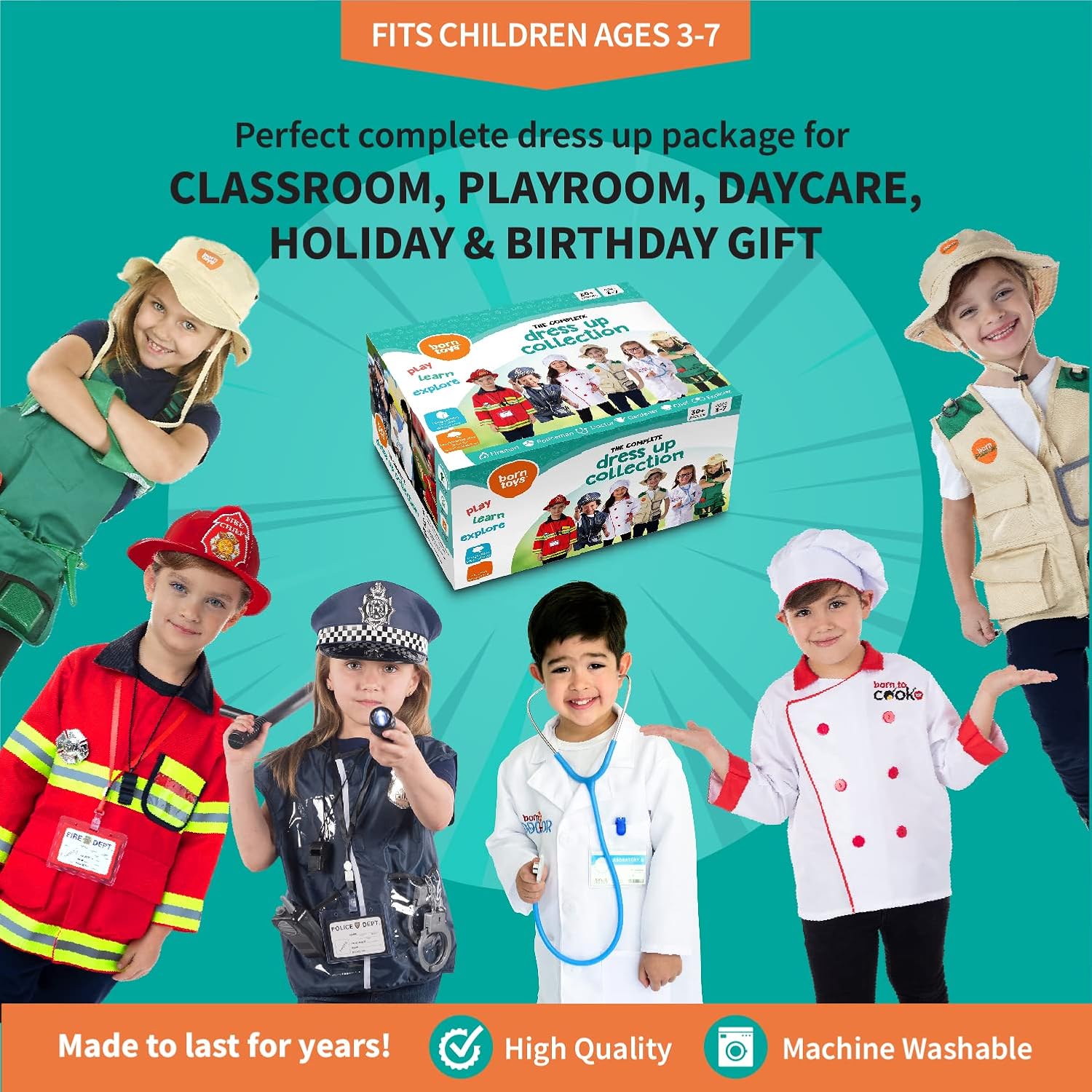 Thumbnail 5 de Born Toys 6-in-1 Toddler Dress Up Clothes Set (Ages 3–7) – Police, Firefighter, Doctor, Chef, Gardener & Explorer with Storage Box