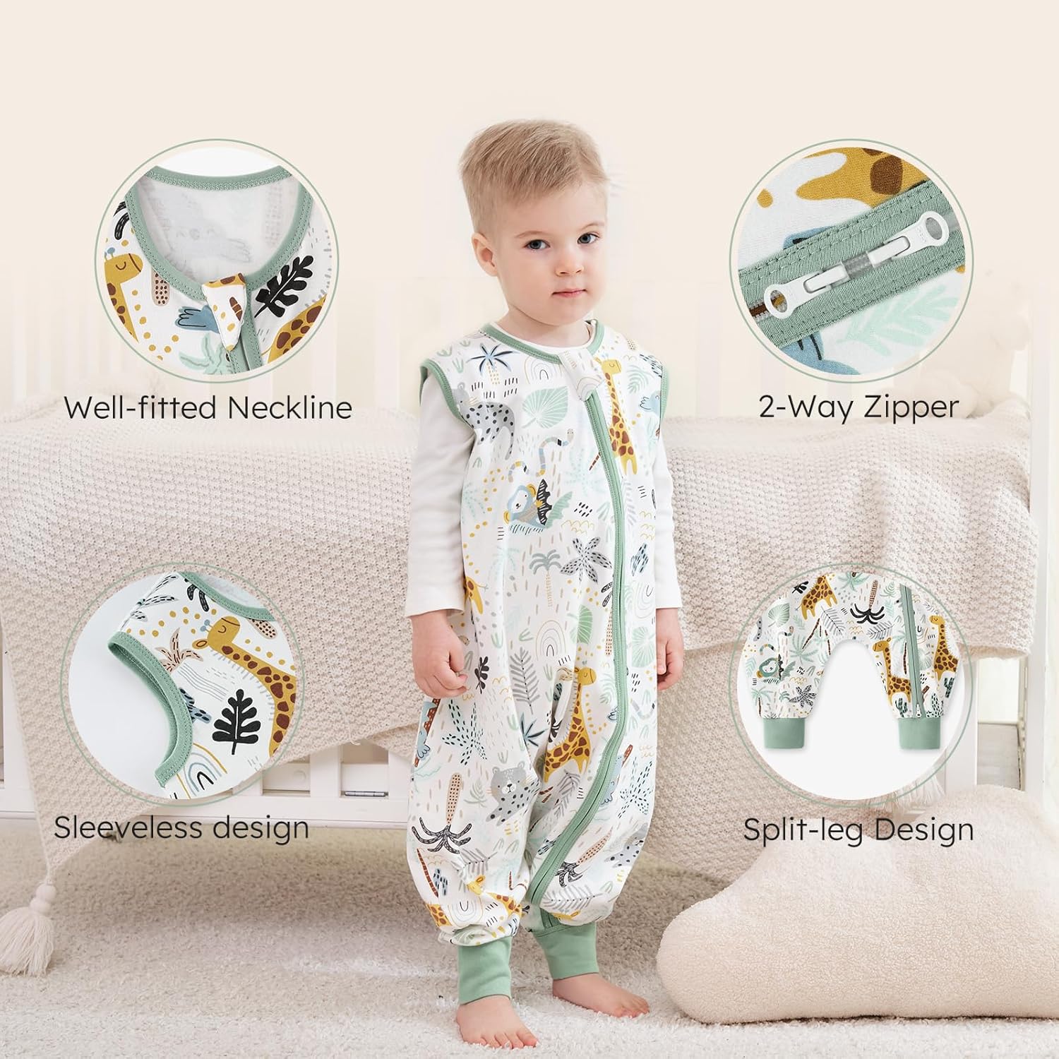 Detalle de Yoofoss 2er Pack Baby Schlafsack mit Füßen 0.5 Tog – 100% Baumwolle, 80 cm, Grün Giraffe