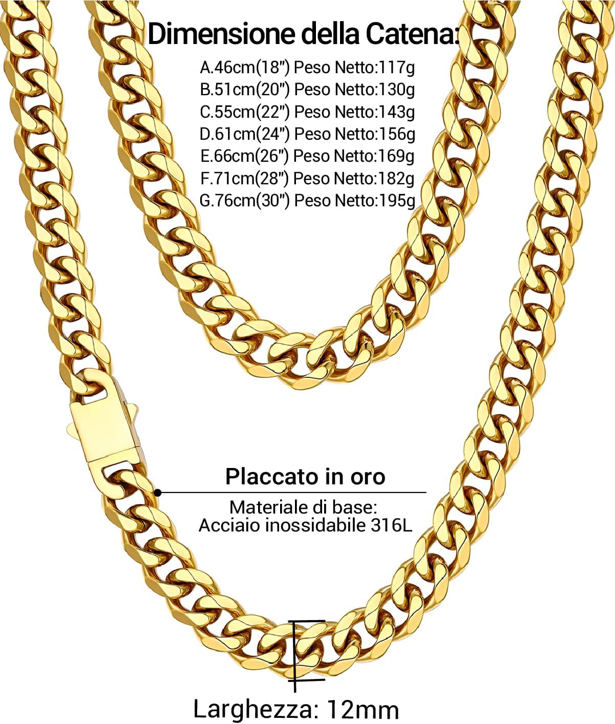 Thumbnail 6 de PROSTEEL Collana da uomo in acciaio inox 316L stile cubano Miami (6/9/12 mm, 45-75 cm) impermeabile