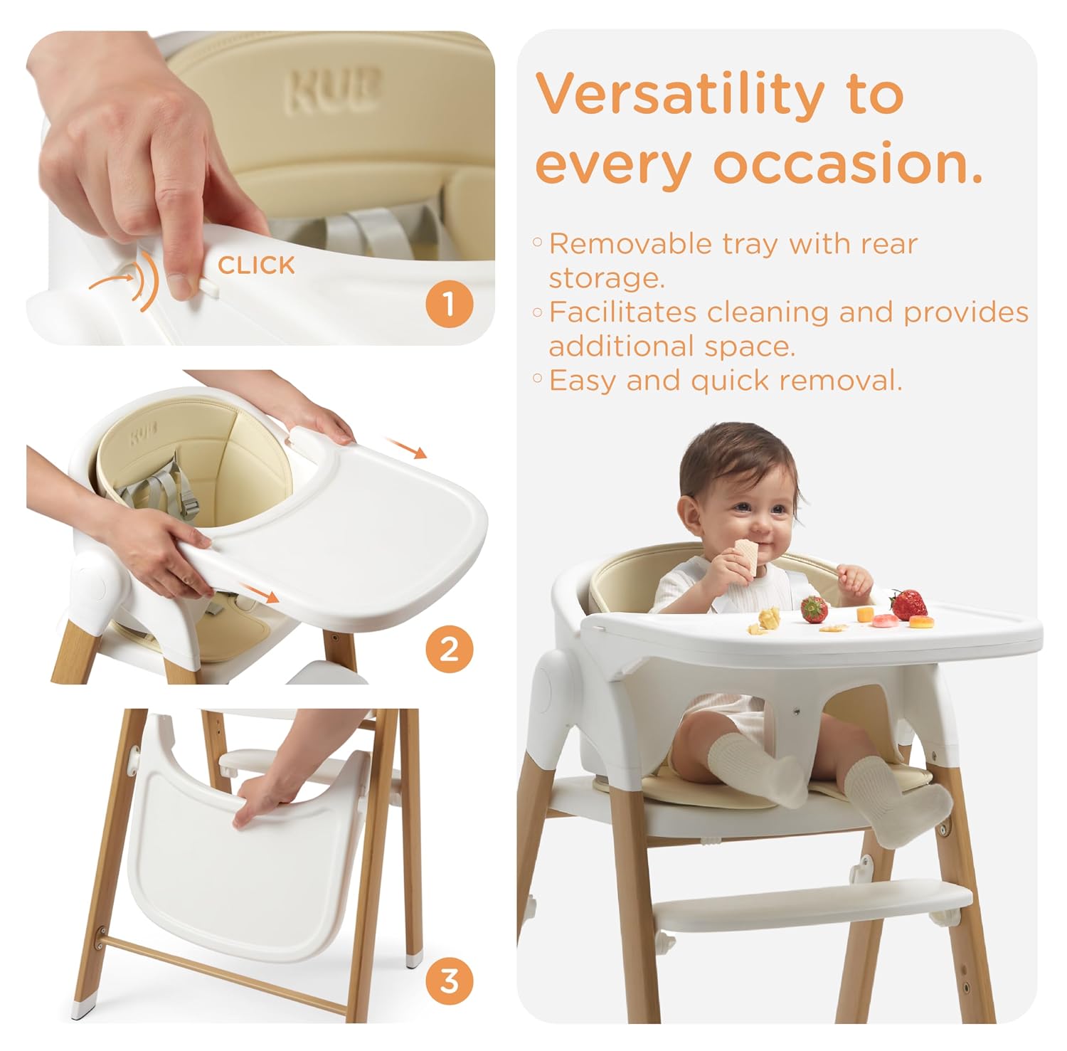 Detalle 2 de KUB Foldable Baby High Chair, White with Wood-Print Metal Frame