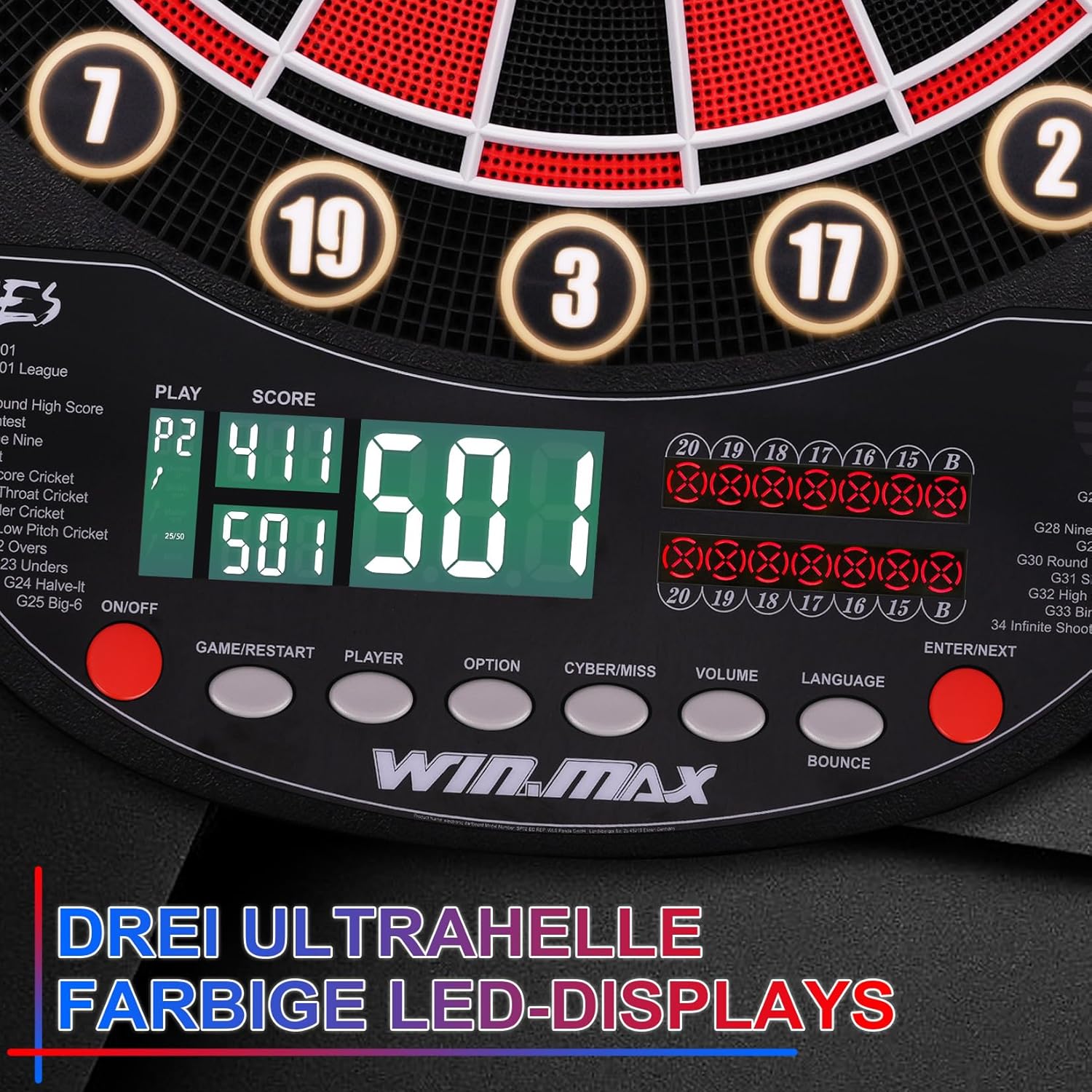 Detalle de WIN.MAX Elektronische Dartscheibe Profi Set mit 34 Games, 354 Varianten – für 1 bis 8 Spieler, 3 Sprachen