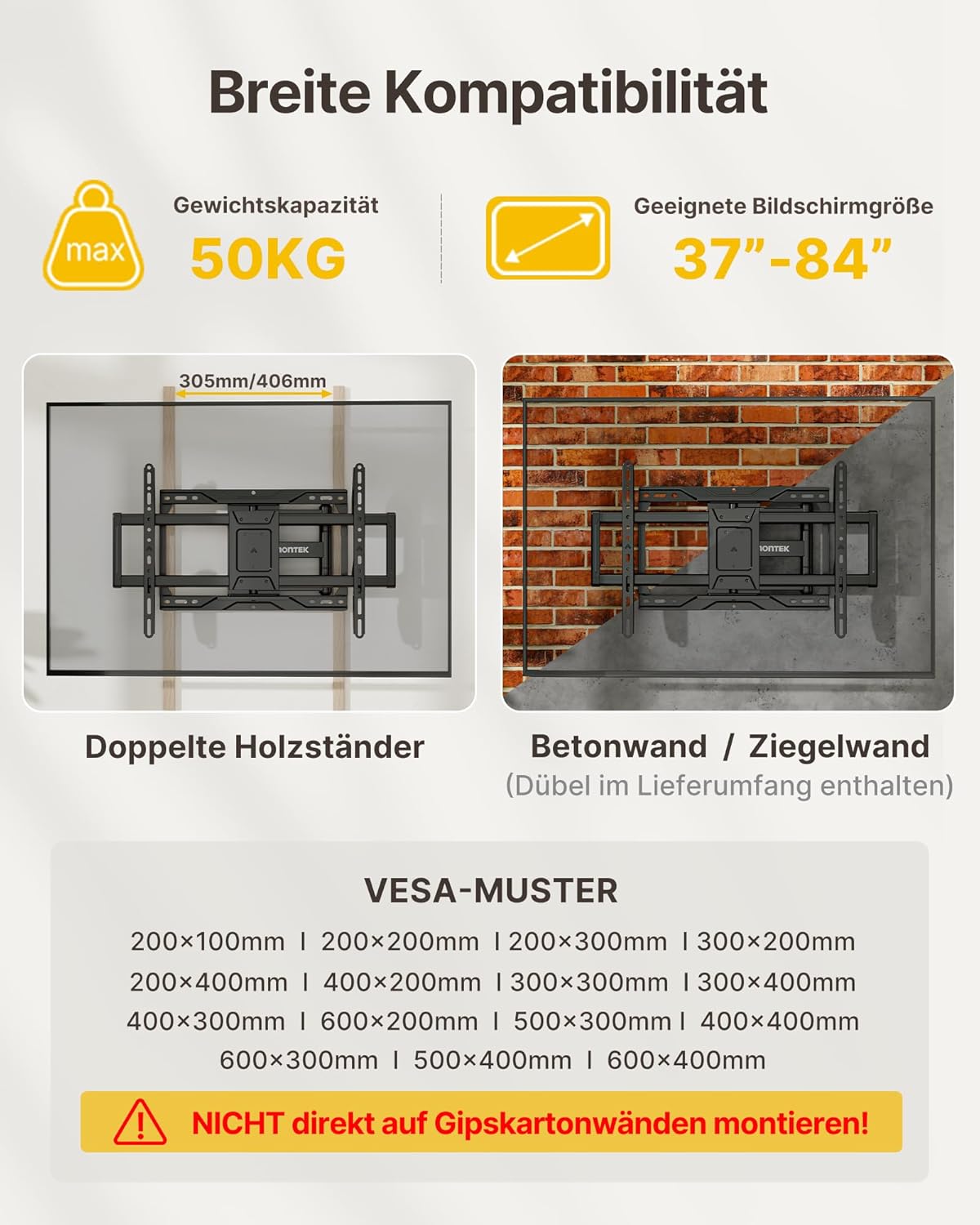 Thumbnail 5 de monTEK Vollbewegliche TV Wandhalterung 37–84 Zoll – schwenkbar, neigbar ohne Werkzeug, ausziehbar bis 422 mm, max. VESA 600x400