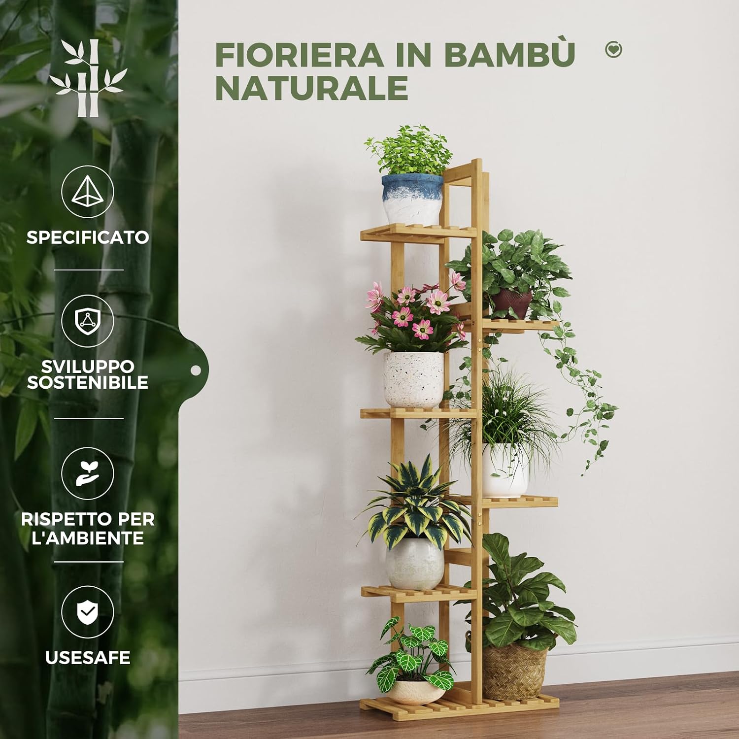 Detalle 2 de Bamworld Porta Piante da Interno in Bambù Naturale – Scaffale a 6 Livelli per Vasi