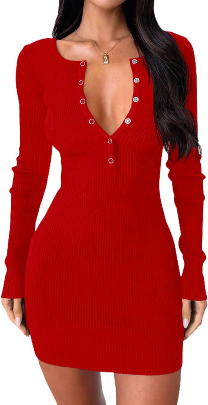 Thumbnail 1 de BONITEE women’s long sleeve sweater dress with deep V-neck and button front