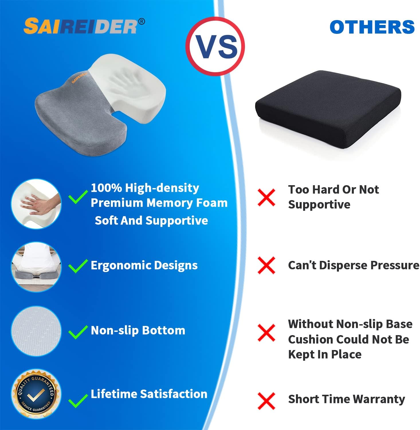 Detalle de SAIREIDER SC-G0402 Memory Foam Seat Cushion with U-Shaped Coccyx Cutout