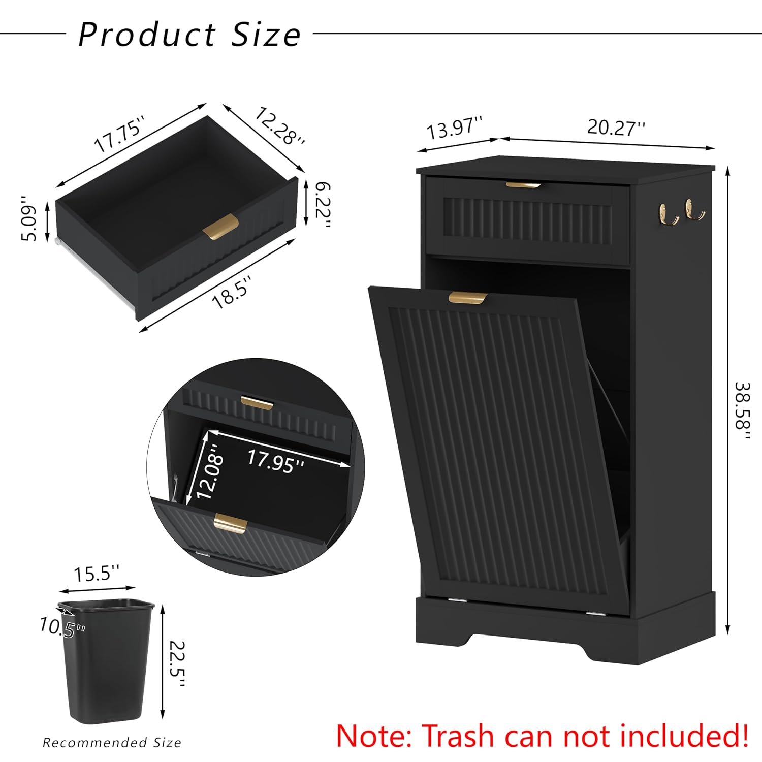 Detalle de METOTI HLG186-BK-01 Tilt-Out Trash Cabinet, 13-Gallon, Black Fluted
