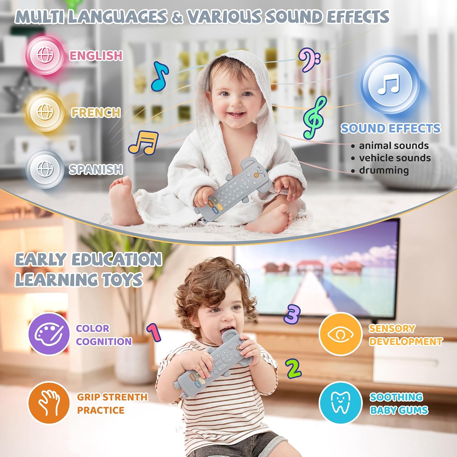 Detalle de Baby remote control toy with silicone teether cover — musical learning in 3 languages (English, Spanish & French) for 6–18 months