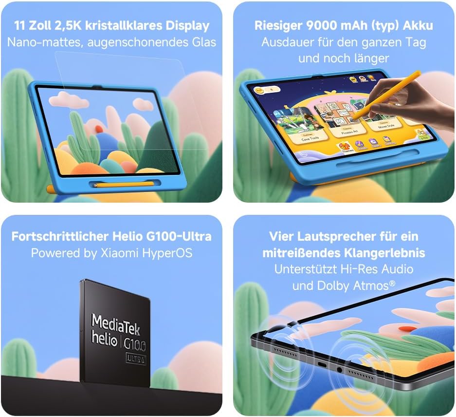 Detalle de Xiaomi 11-Zoll Kinder-Tablet mit Hülle & Stylus (2,5K 90 Hz, 4+128 GB, Wi‑Fi 5) – mattes Glas, 9000 mAh, grau