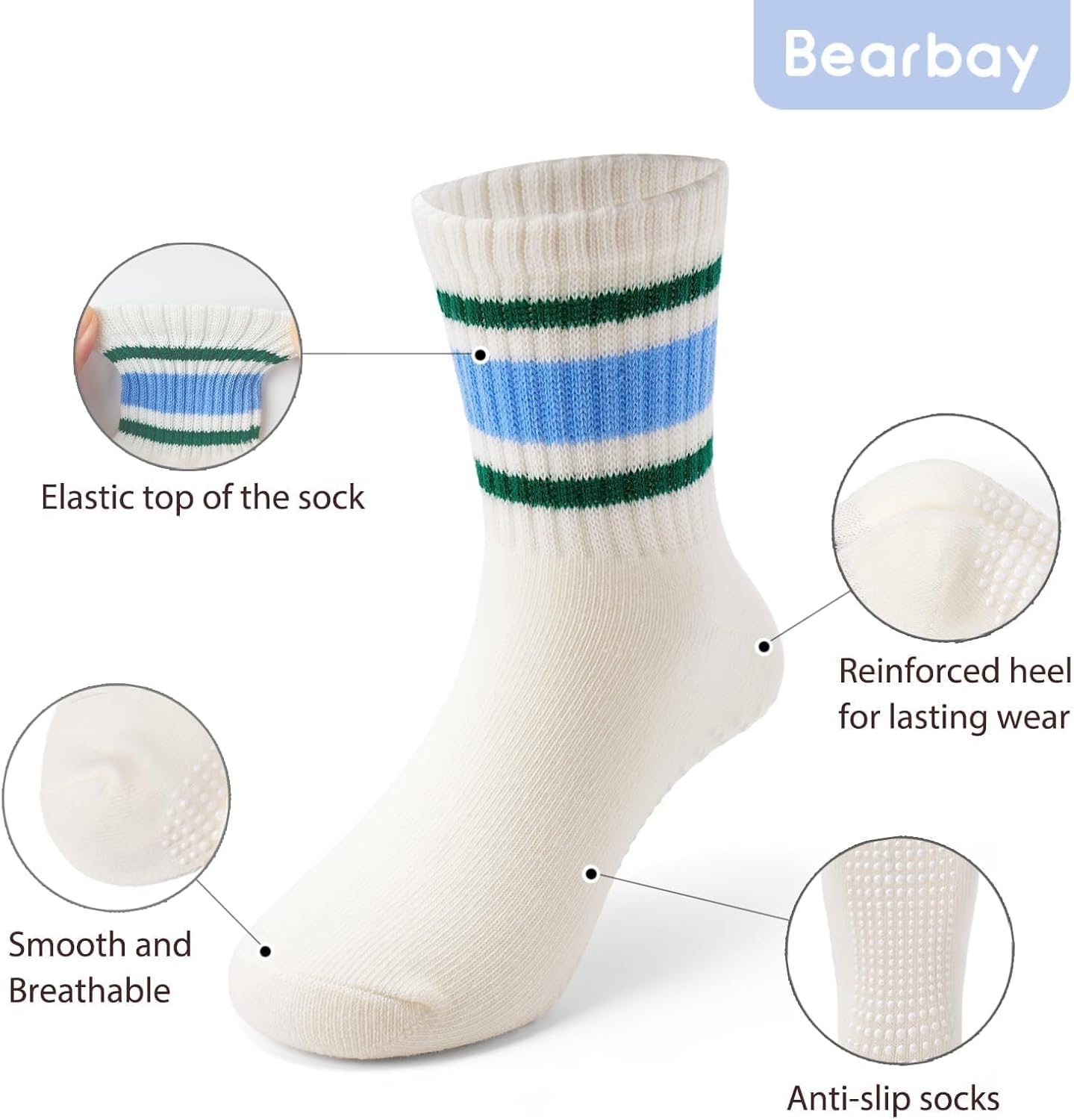 Detalle de Bearbay Non-Slip Toddler Grip Socks with Anti-Skid Soles – 6-Pack, Unisex Cotton Crew Socks for Babies and Kids