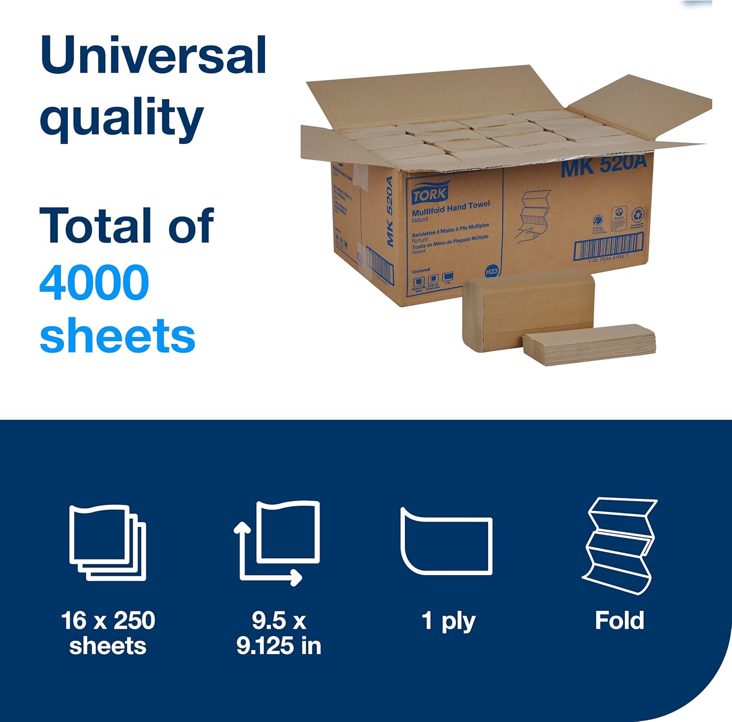 Detalle de Tork Multifold Hand Towel (Natural) — 16 Packs x 250 Sheets, 100% Recycled, FSC Certified (MK520A)