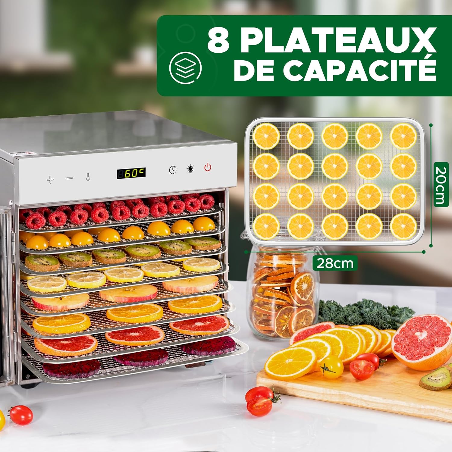 Thumbnail 4 de Kwasyo déshydrateur alimentaire en acier inoxydable 8 plateaux (30 à 90 °C) avec minuterie 24 h