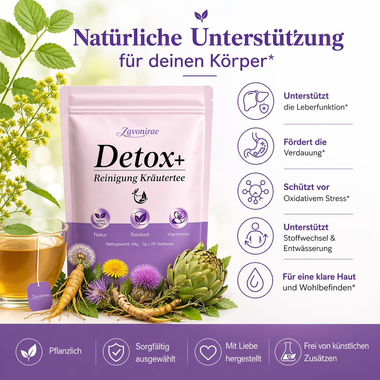 Detalle de Detox Tee zum Abnehmen – 28 Tage Kräutertee mit Leber-Komplex aus Mariendistel, Artischocke & Löwenzahn